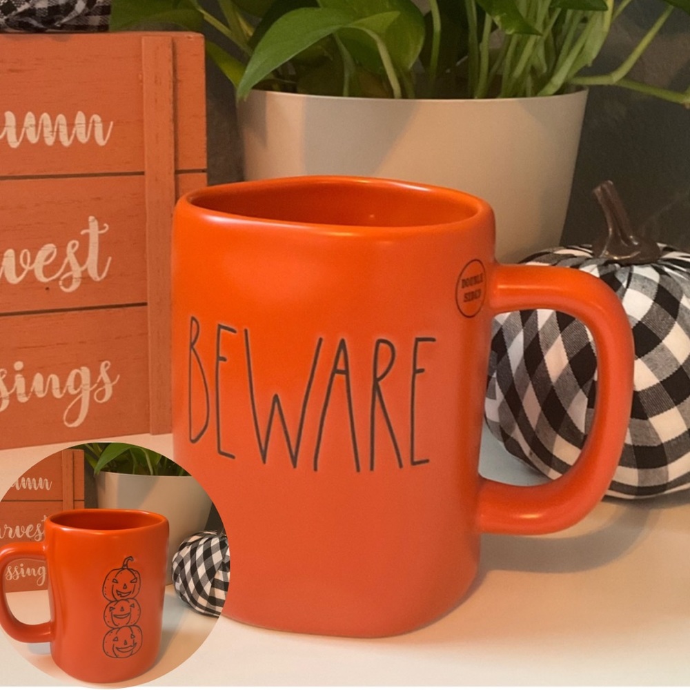 Rae Dunn Halloween Beware Orange Mug With Pumpkins